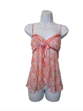 VTG Cabernet Camisole Floral Pink Babydoll Ribbon Bow Slit Front 90s y2k